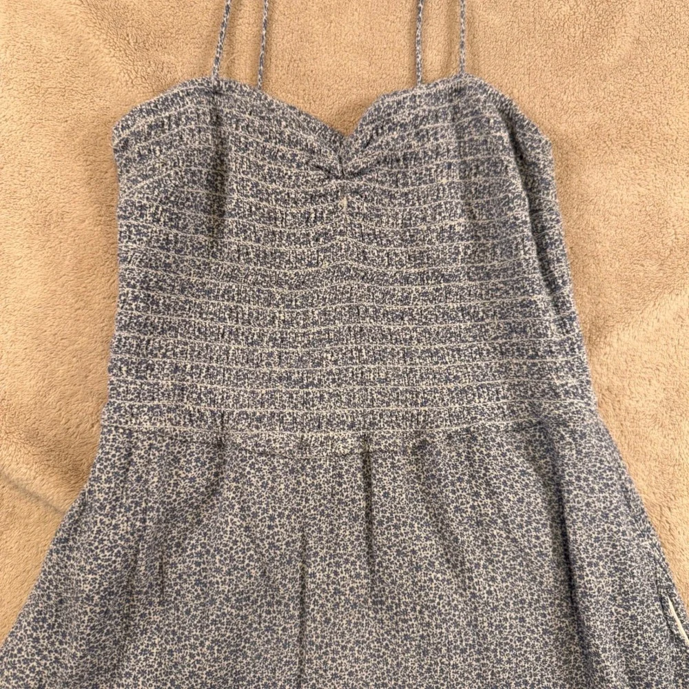 Smocked Tie-Strap Blue Floral Mini Dress